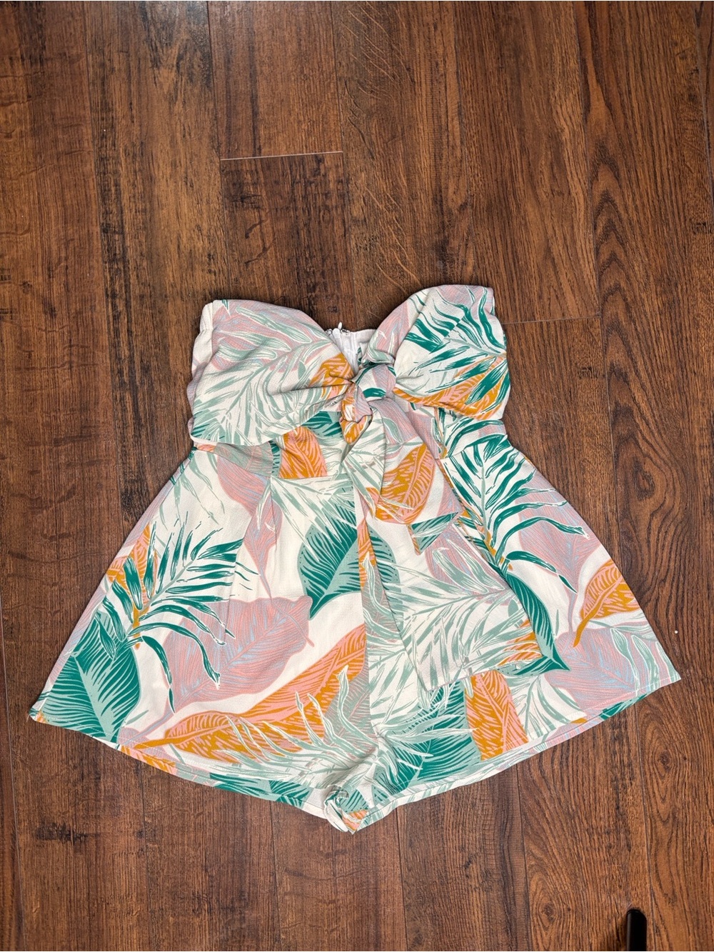 Blue Blush Strapless Tropical Tie-Front Romper - Pink, Green, Orange